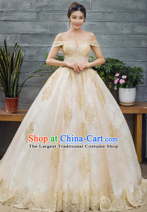 Top Grade Wedding Gown Bride Costume Golden Veil Trailing Full Dress Princess Dress for Women