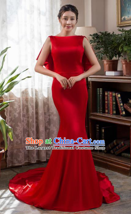 Top Grade Compere Red Satin Fishtail Full Dress Princess Wedding Dress Costume for Women