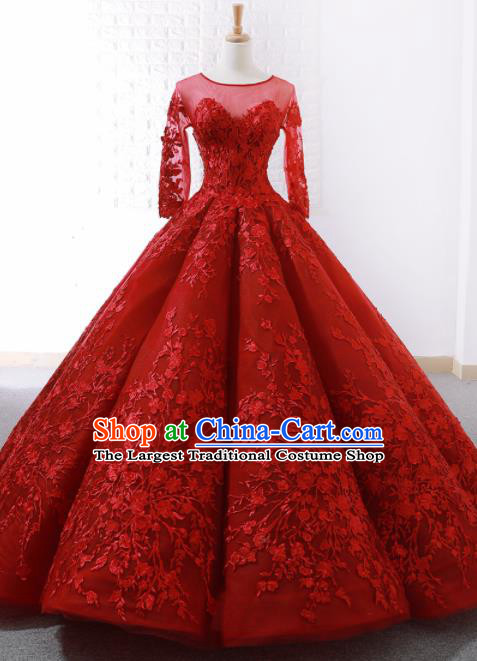 Top Grade Compere Red Bubble Full Dress Princess Embroidered Trailing Wedding Dress Costume for Women