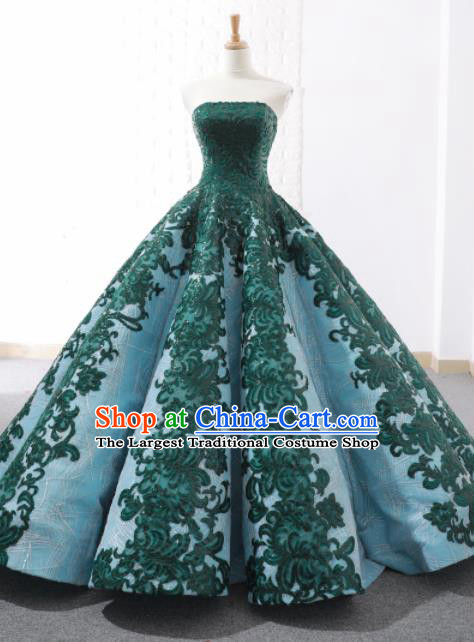 Top Grade Compere Embroidered Green Trailing Full Dress Princess Wedding Dress Costume for Women