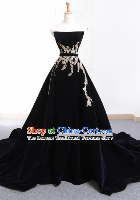 Top Grade Compere Embroidered Navy Trailing Full Dress Princess Wedding Dress Costume for Women