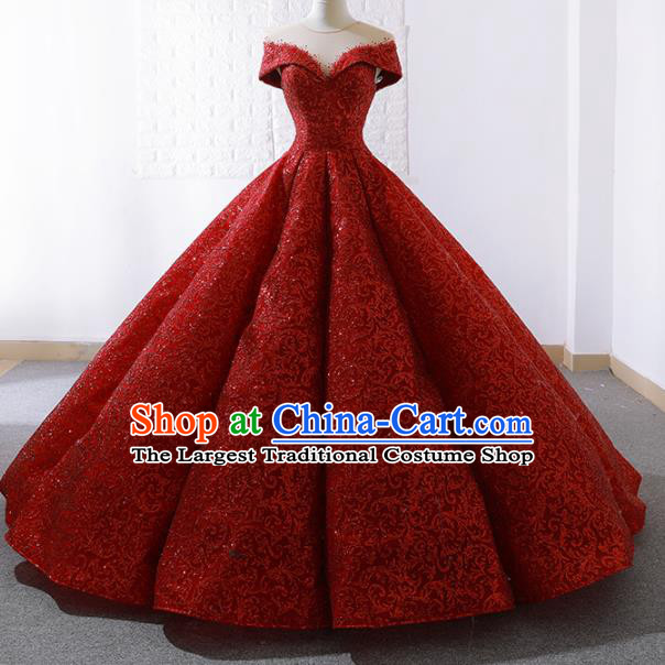 Top Grade Compere Embroidered Red Paillette Full Dress Princess Trailing Wedding Dress Costume for Women