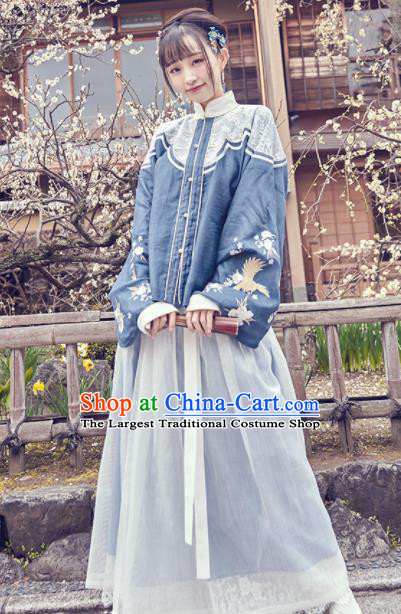 Chinese Traditional Blue Hanfu Dress Ancient Ming Dynasty Nobility Lady Embroidered Costume for Women