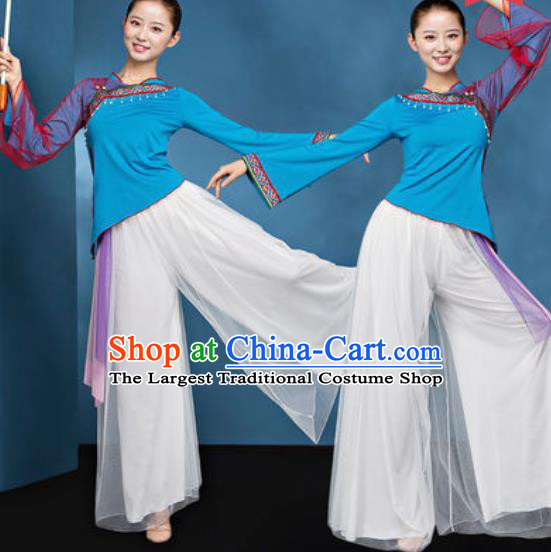 Chinese National Folk Dance Blue Costume Traditional Yangko Dance Fan Dance Clothing for Women