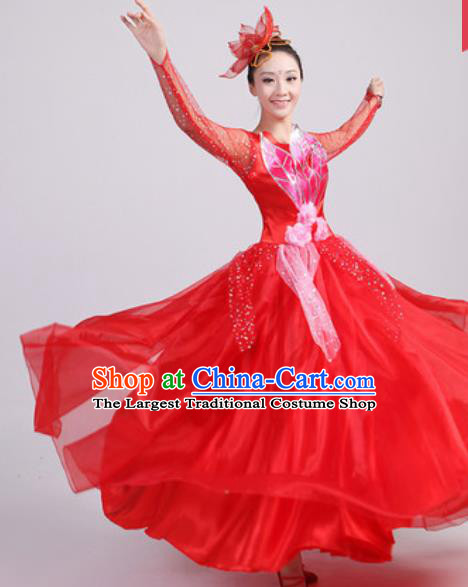 Chinese Traditional Spring Festival Gala Opening Dance Red Veil Dress Modern Dance Costume for Women
