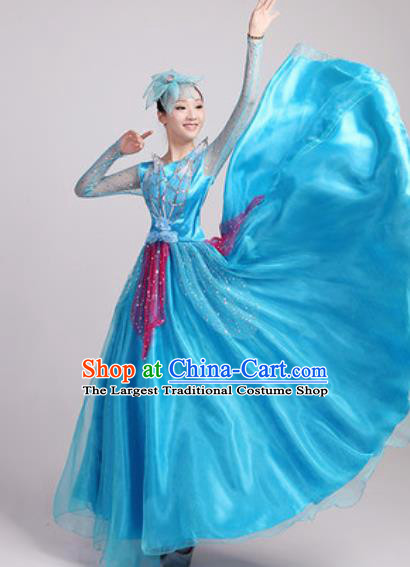 Chinese Traditional Spring Festival Gala Opening Dance Blue Veil Dress Modern Dance Costume for Women