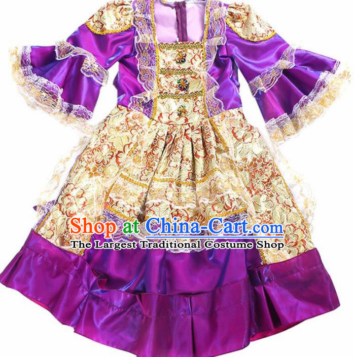 Europe Traditional Court Princess Dance Costume Drama Stage Performance Purple Dress for Kids