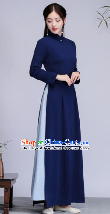 Asian Vietnam Traditional Navy Cheongsam Vietnamese Classical Aodai Qipao Dress for Women