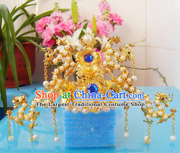 Chinese Traditional Goddess Hair Accessories Ancient Golden Dragons Tassel Phoenix Coronet for Women