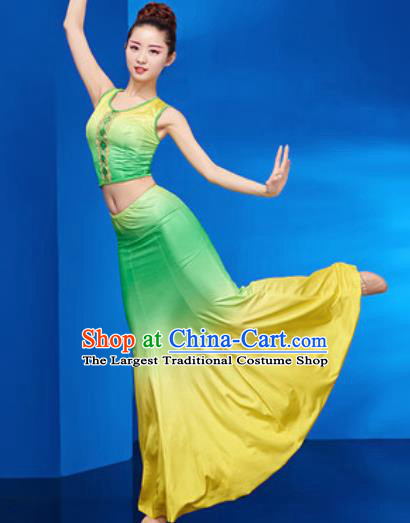 Chinese Traditional Ethnic Folk Dance Green Dress Dai Nationality Peacock Dance Costume for Women