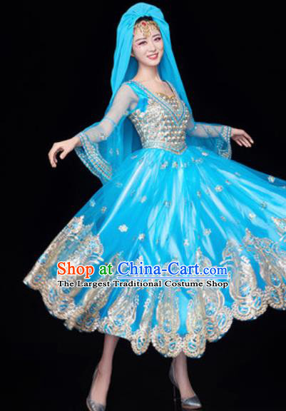 Chinese Traditional Ethnic Folk Dance Blue Dress Uyghur Nationality Dance Costume for Women