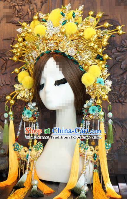 Chinese Traditional Handmade Hair Accessories Ancient Queen Luxury Yellow Venonat Phoenix Coronet Headwear for Women