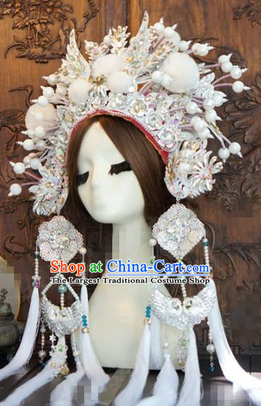 Chinese Traditional Handmade Hair Accessories Ancient Queen Luxury White Crystal Phoenix Coronet Headwear for Women