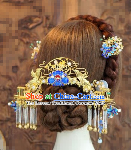 Chinese Traditional Handmade Blueing Hair Accessories Ancient Queen Luxury Hairpins Headwear Complete Set for Women