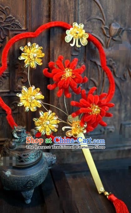 Chinese Traditional Wedding Palace Fans Ancient Queen Red Velvet Chrysanthemum Round Fans for Women