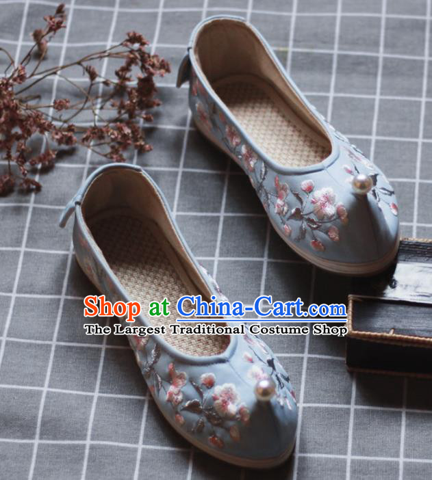 Asian Chinese Wedding Hanfu Shoes Traditional Ancient Princess Pearl Blue Embroidered Shoes for Women