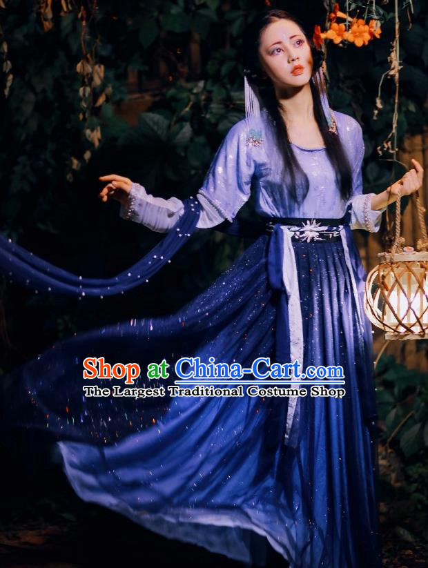 Chinese Traditional Tang Dynasty Court Maid Blue Hanfu Dress Ancient Peri Costume for Women