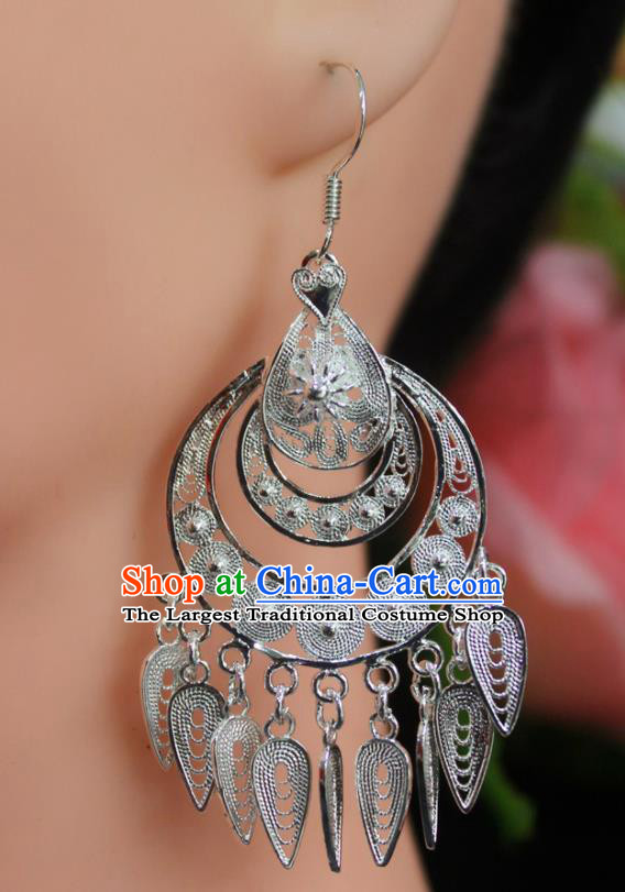 Traditional Chinese Miao Nationality Sliver Ear Accessories Hmong Female Wedding Tassel Earrings for Women