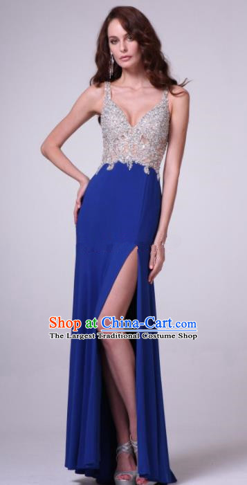 Top Grade Crystal Deep Blue Full Dress Compere Modern Fancywork Costume Princess Wedding Dress for Women