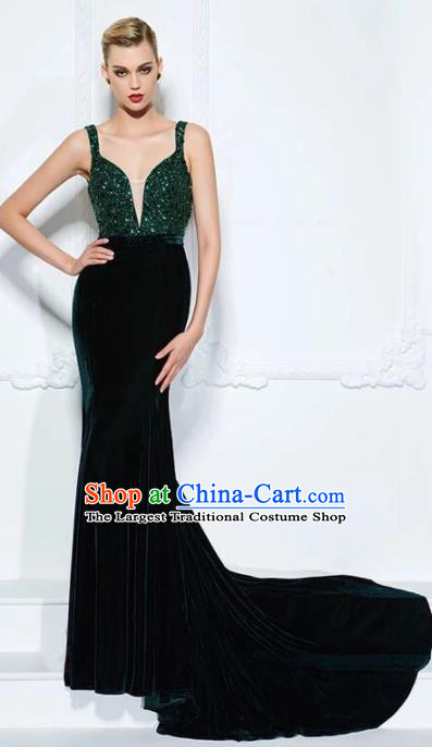 Top Grade Deep Green Full Dress Compere Modern Fancywork Costume Princess Wedding Dress for Women