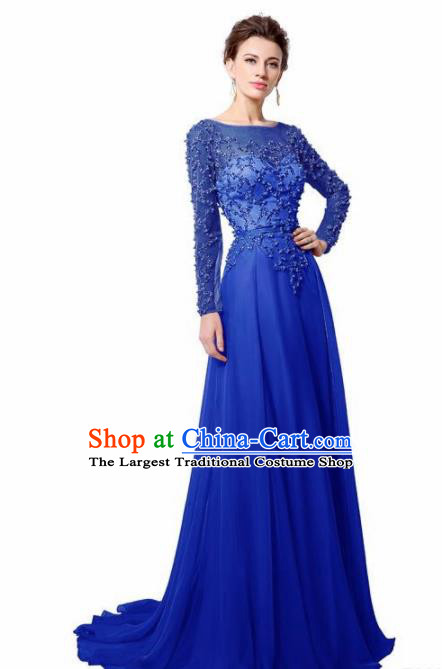 Top Grade Catwalks Royalblue Embroidered Beads Evening Dress Compere Modern Fancywork Costume for Women