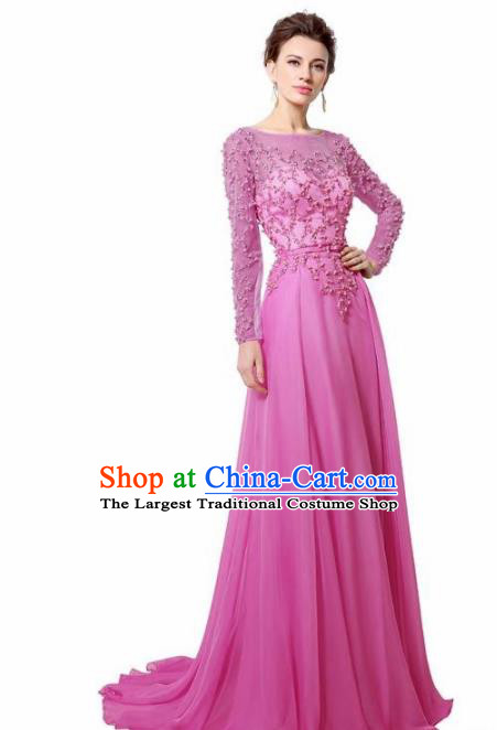 Top Grade Catwalks Rosy Embroidered Beads Evening Dress Compere Modern Fancywork Costume for Women