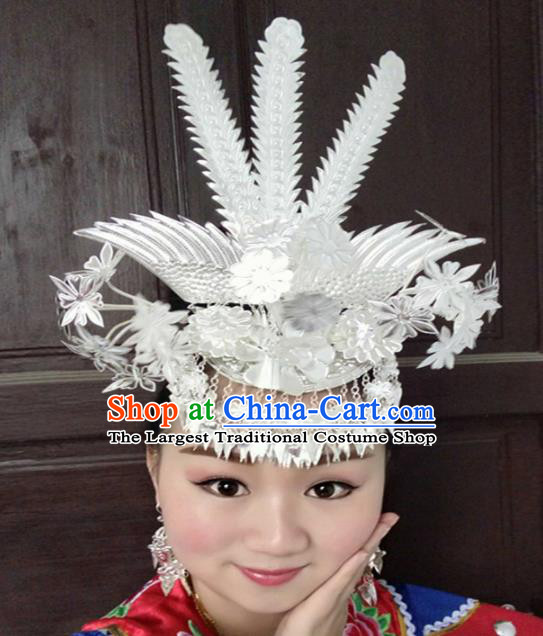 Chinese Traditional Ethnic Wedding Sliver Phoenix Coronet Hair Accessories Miao Nationality Bride Hairpins for Women