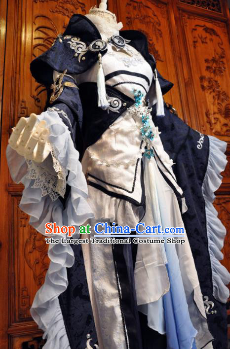 Chinese Traditional Cosplay Princess Costume Ancient Peri Swordswoman Navy Dress for Women