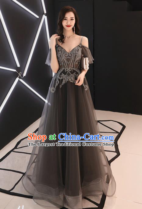 Professional Compere Costume Top Grade Black Veil Full Dress Modern Dance Clothing for Women