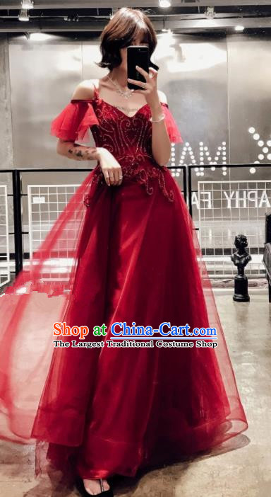 Professional Compere Costume Top Grade Red Veil Full Dress Modern Dance Clothing for Women