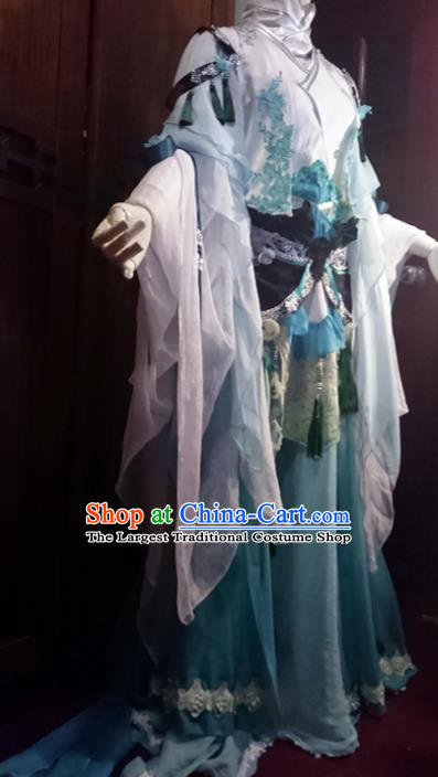 Chinese Traditional Cosplay Princess Costume Ancient Peri Swordswoman Blue Dress for Women