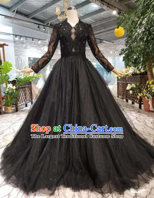 Professional Compere Black Veil Costume Top Grade Full Dress Modern Dance Clothing for Women