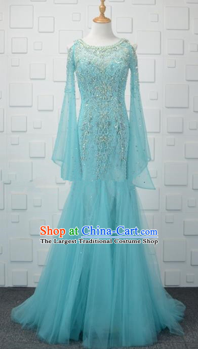 Professional Compere Blue Veil Fishtail Full Dress Top Grade Modern Dance Costume Princess Wedding Dress for Women