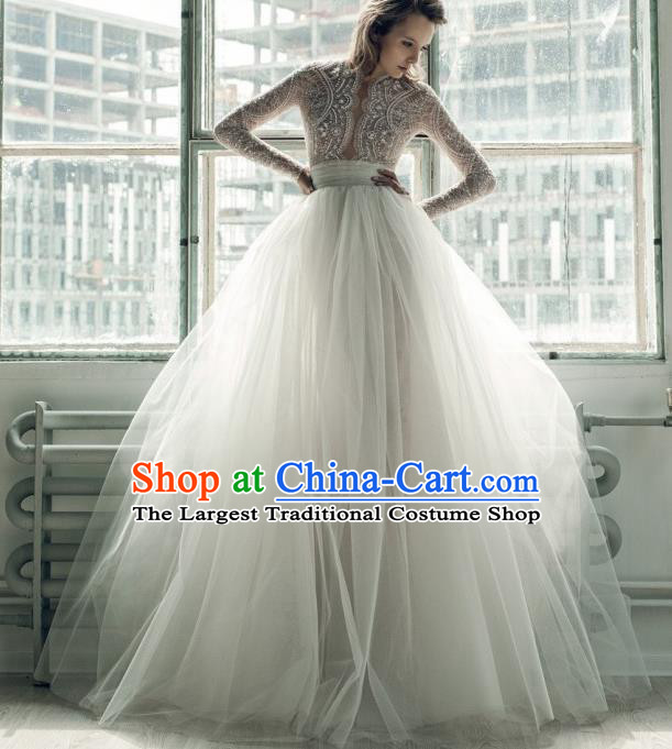 Professional Compere Costume White Veil Bubble Full Dress Top Grade Modern Dance Princess Wedding Dress for Women