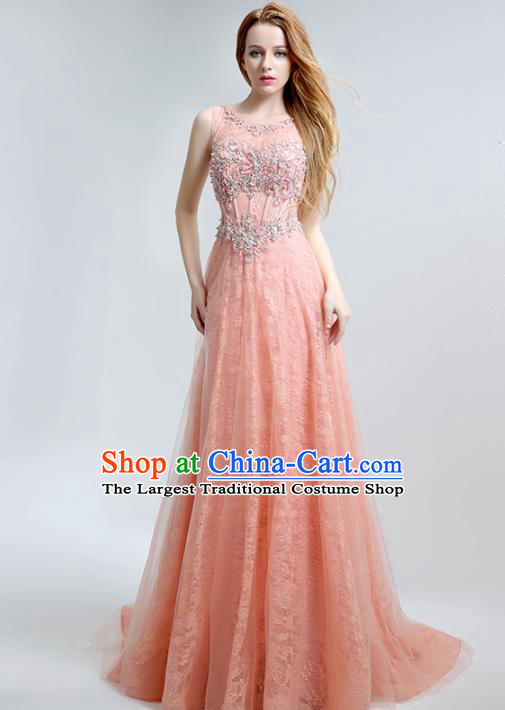 Professional Compere Costume Pink Veil Trailing Full Dress Top Grade Modern Dance Princess Wedding Dress for Women