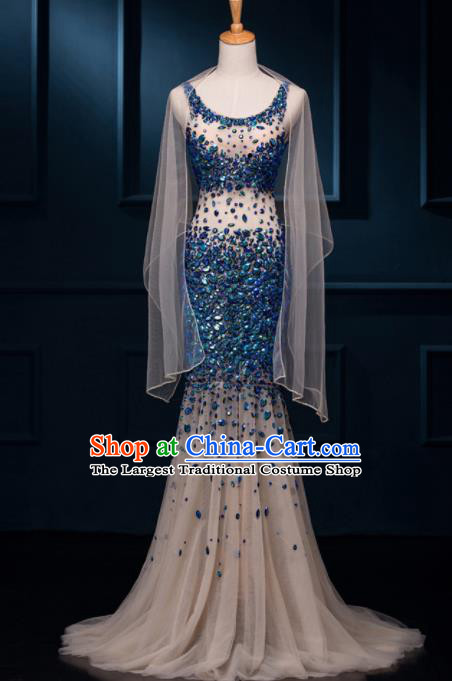 Top Grade Catwalks Blue Paillette Veil Evening Dress Compere Modern Fancywork Costume for Women