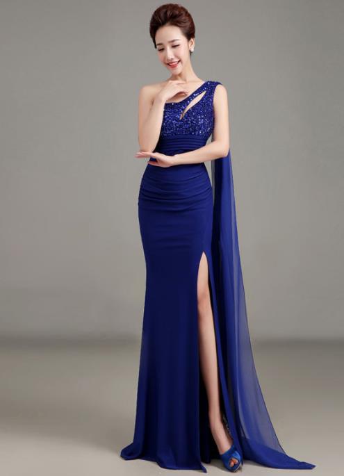 Top Grade Catwalks Deep Blue Evening Dress Compere Modern Fancywork Costume for Women