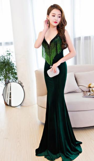 Top Grade Catwalks Green Velvet Evening Dress Compere Modern Fancywork Costume for Women