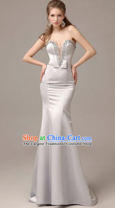 Professional Beige Satin Trailing Wedding Dress Princess Full Dress Modern Dance Costume for Women