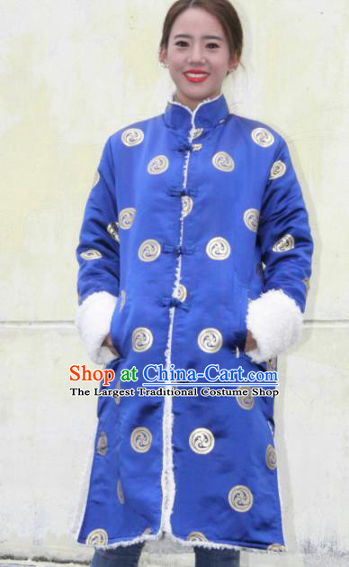 Chinese Traditional Tibetan Ethnic Royalblue Dust Coat Zang Nationality Heishui Dance Costume for Women