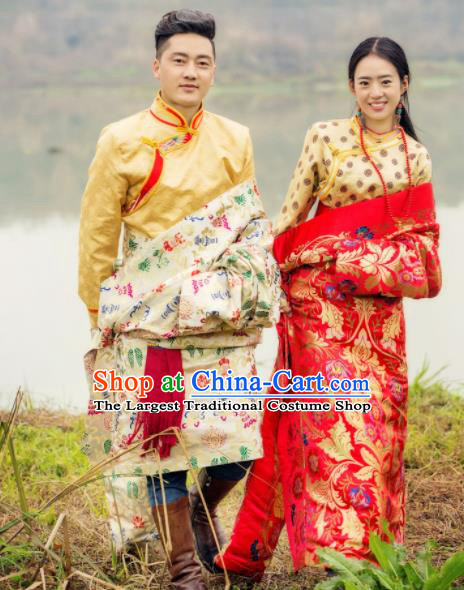 Chinese Traditional Tibetan Wedding Brocade Robes Zang Nationality Bride and Bridegroom Ethnic Costumes for Women for Men