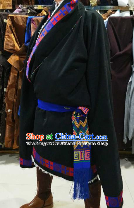 Chinese Traditional National Navy Tibetan Robe Zang Nationality Ethnic Folk Dance Costume for Men