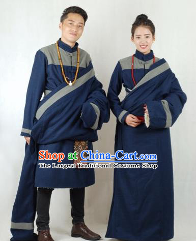 Chinese Traditional Tibetan Bride and Bridegroom Navy Robes Zang Nationality Wedding Ethnic Costumes for Women for Men