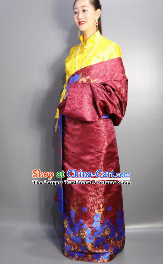 Chinese Traditional Tibetan National Ethnic Wine Red Robe Zang Nationality Wedding Costume for Women