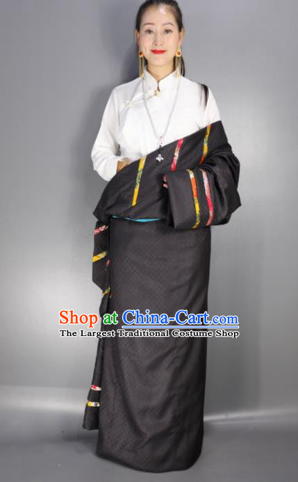 Chinese Traditional National Ethnic Black Tibetan Robe Zang Nationality Folk Dance Costume for Women