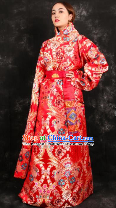 Chinese Traditional Tibetan Ethnic Bride Red Robe Zang Nationality Heishui Dance Costume for Women