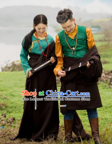 Chinese Traditional Tibetan Couple Deep Brown Robes Zang Nationality Heishui Dance Ethnic Costumes for Women for Men