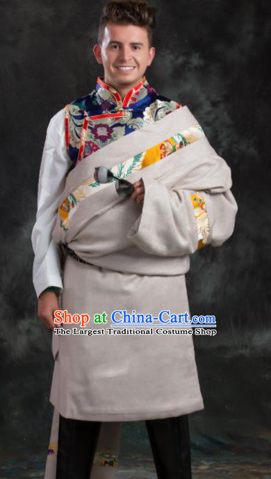 Chinese Traditional White Tibetan Robe Zang Nationality Ethnic Folk Dance Costume for Men