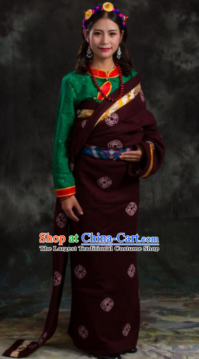 Chinese Traditional National Ethnic Amaranth Tibetan Robe Zang Nationality Costume for Women