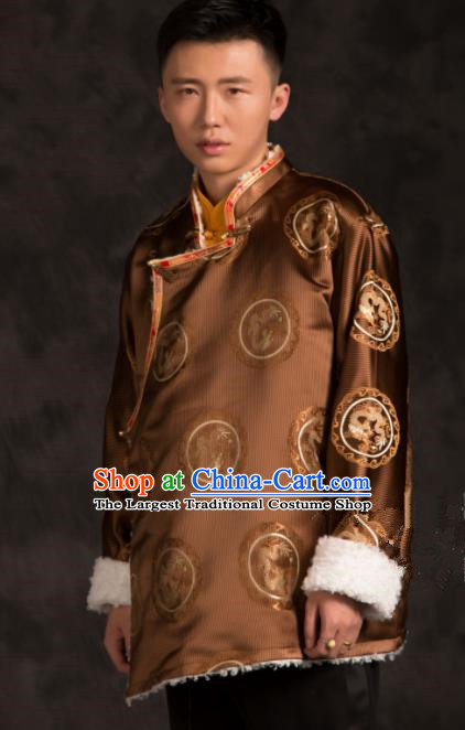 Chinese Traditional Tibetan Brown Brocade Jacket Zang Nationality Wedding Ethnic Costume for Men